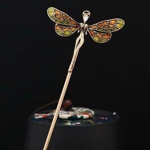 Elegant Gold and Green Dragonfly Hairpin